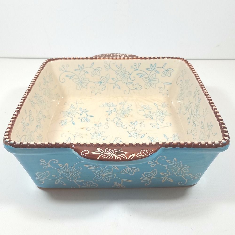 Temp-tations Baking Dish 8x8 Blue Good Floral Lace Stoneware Square Baker 1.5QT